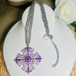 Vintage 90s Lavender Crystal and Blush Pink Filigree Pendant Statement Necklace